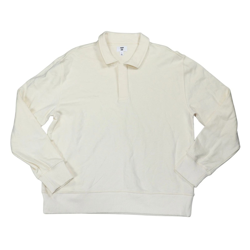 NWT MODE OF ONE Mens Cream Long Sleeve Polo Sweatshirt Cotton XL Relaxed Fit‎